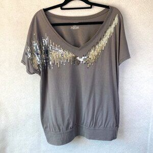 LANE BRYANT GREY SILVER SEQUIN BODICE LUXE Short Sleeve SHIRT Size 14/16